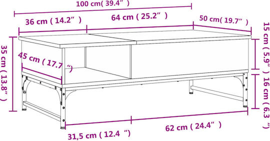 Rechteckiger Zentraler Kaffeetisch Holz mit Hebemechanismus Schwarz M100xB50xH35cm