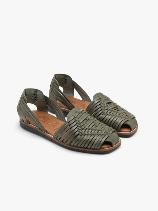 LOLA Almagro Leather Women's Flat Sandals in Khaki Color