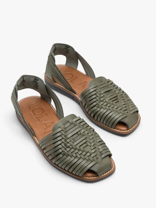 Leder Flache Sandalen für Damen in Khaki Farbe