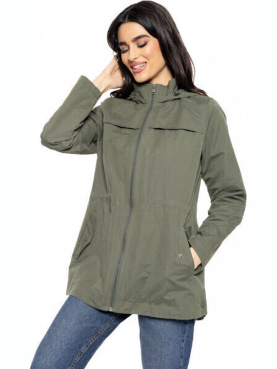 Women's Short Lifestyle Jacket for Winter with Hood Khaki
