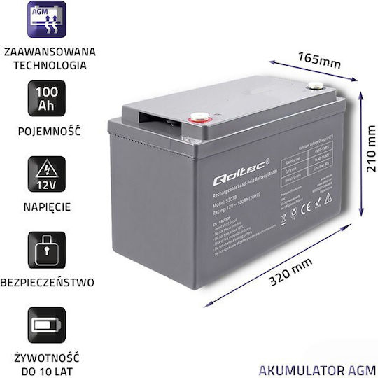 Qoltec Μπαταρία UPS με Χωρητικότητα 100Ah και Τάση 12V 53038 1τμχ