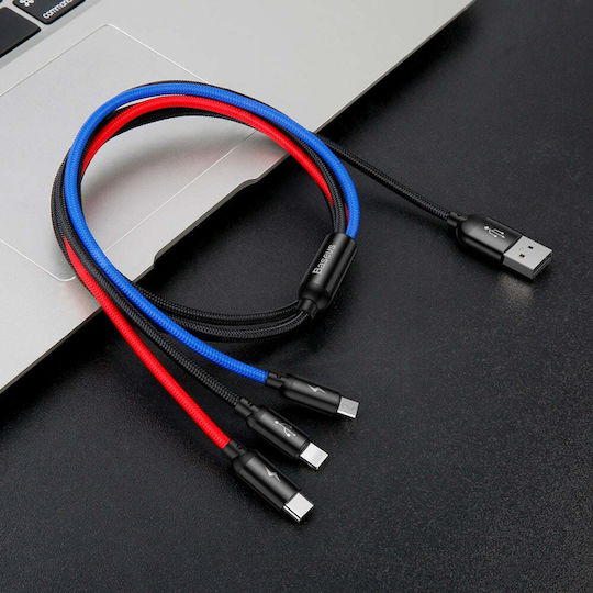 Baseus Φορτιστής Αυτοκινήτου 24W 4.8A με Θύρες: 2xUSB μαζί με Καλώδιο Type-C / Lightning / Micro-USB Μαύρος