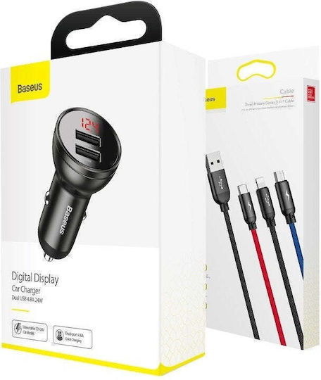 Baseus Φορτιστής Αυτοκινήτου 24W 4.8A με Θύρες: 2xUSB μαζί με Καλώδιο Type-C / Lightning / Micro-USB Μαύρος