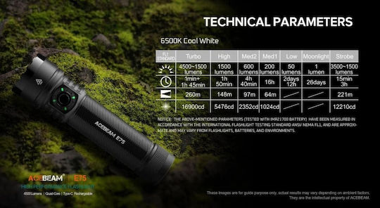 Acebeam Wiederaufladbar Taschenlampe LED IP68 mit maximaler Helligkeit 4500lm Weiß