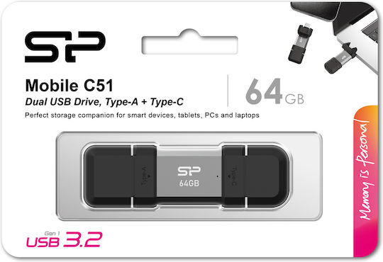 Silicon Power C51 64GB USB 3.2 Stick with connection USB-A & USB-C Silver