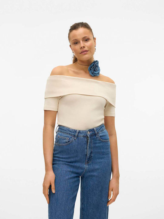 Aware Γυναικεία Μπλούζα Βαμβακερή Off-Shoulder Κοντομάνικη Μπεζ
