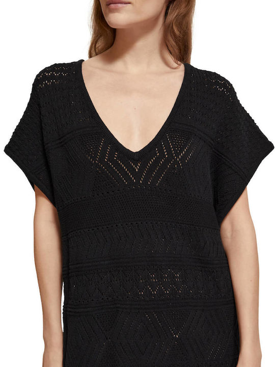 Pointelle Stitch Fringing Καλοκαιρινό Mini Φόρεμα Πλεκτό Μαύρο