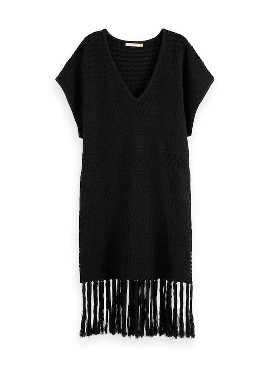 Pointelle Stitch Fringing Καλοκαιρινό Mini Φόρεμα Πλεκτό Μαύρο