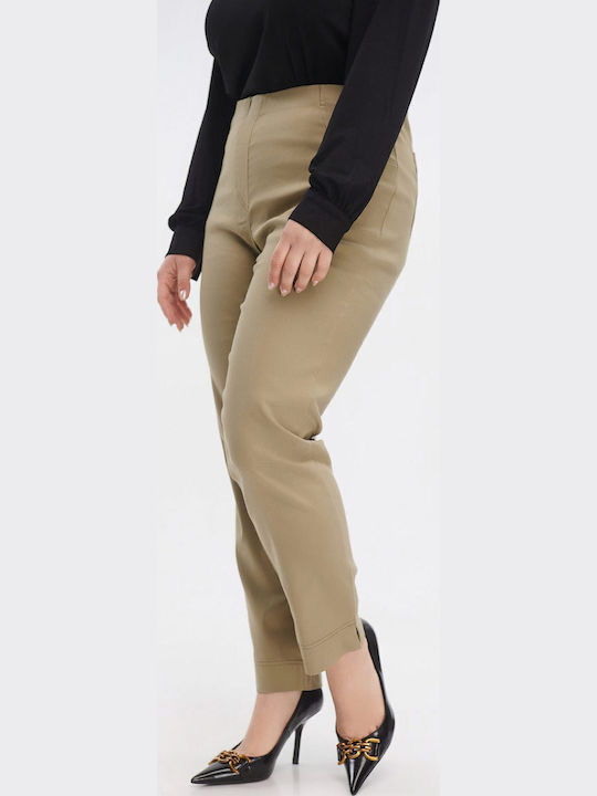 Women's Fabric Trousers with Rubber Band in Slim Fit in Olive