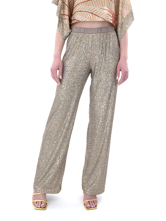 Moutaki Women's High-waisted Fabric Trousers in Straight Line Beige- Gold