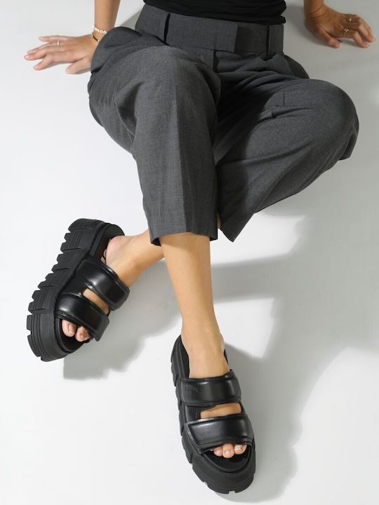 Buffalo Leder Damen Flache Sandalen Flatforms in Schwarz Farbe