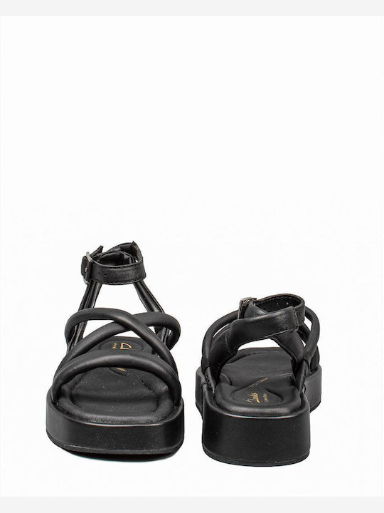 Alda Leather Women's Flat Sandals with Strap in Black Color