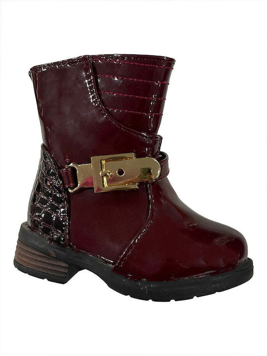 Ustyle Kids Patent Leather Boots with Zipper Burgundy