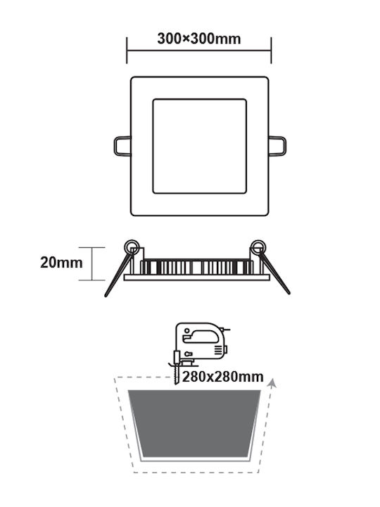 Aca Square Recessed LED Panel 23W with Cool White Light 6500K 30x30cm