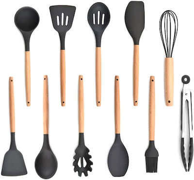 Silicone Cooking Utensil Set with Base Black 12pcs