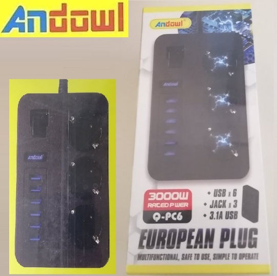 Andowl Power Strip with Surge Protection 3 Positions with USB-A, Switch and Cable 2m