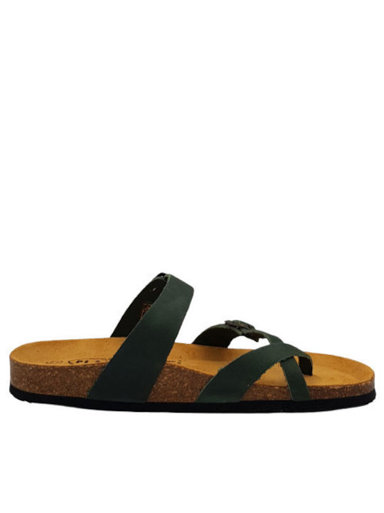 Plakton Leather Women's Flat Sandals Anatomic in Green Color