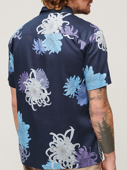D3 Ovin Hawaiian Cu mânecă scurtă Bumbac Cămașă Floral Albastru marin