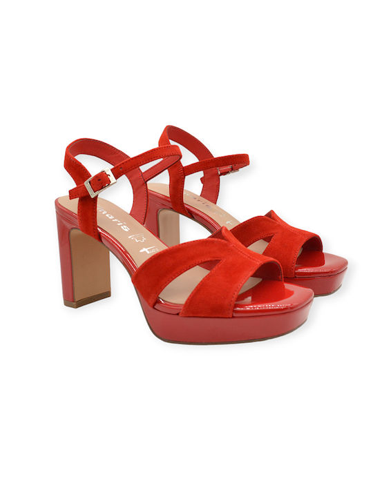 Tamaris Leather Women's Sandals Red with Chunky High Heel