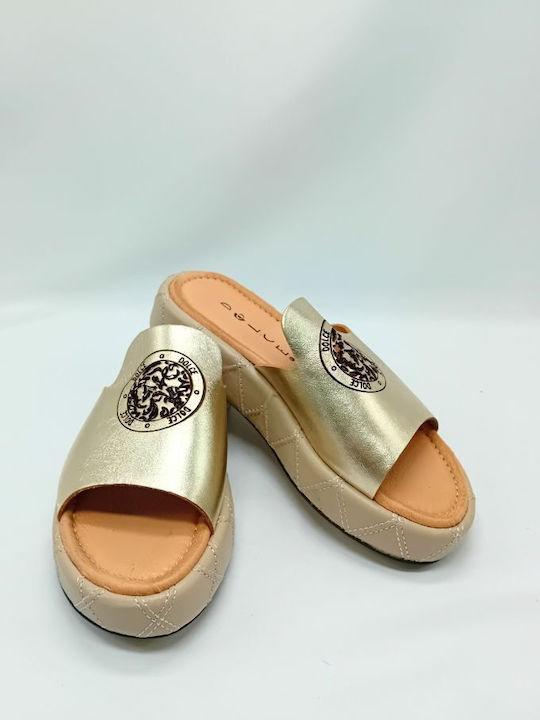 Dolce Heel Leather Mules Gold