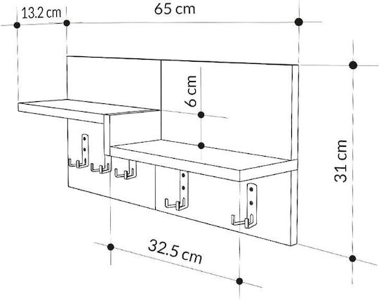 Megapap Wall Hanger Harmon Wooden 5 Hooks White GP037-0208 65x31x15cm