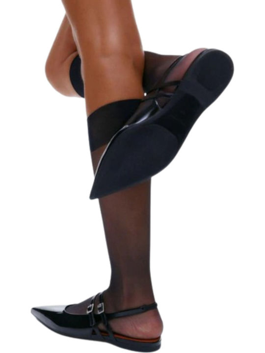 Hermine Leather Women's Pointed Toe Ballerina Shoes With Strap In Black Color