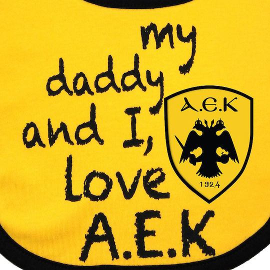 AEK Mein Daddy und ich lieben ΑΕΚ Lätzchen Stoff mit Bügelverschluss und Schlaufe Gelb