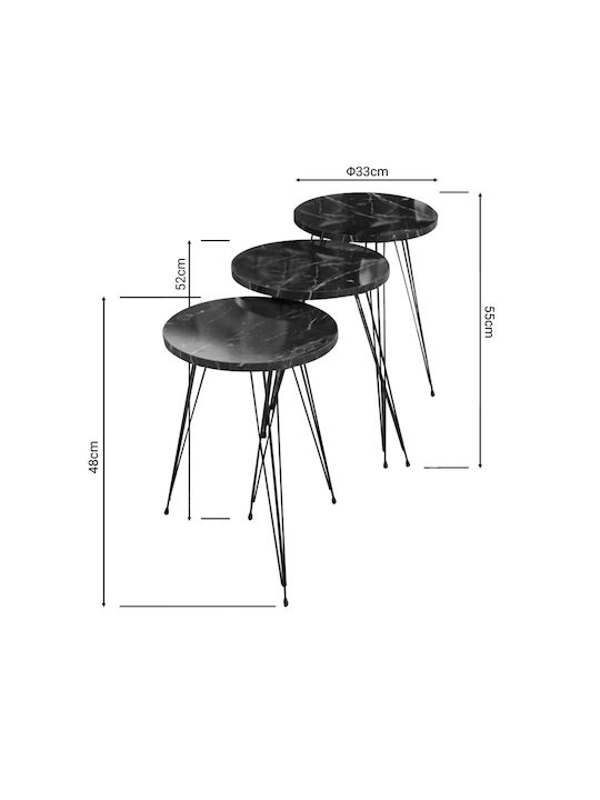 Round Side Coffee Table Wakmi Wooden Black Marble 3 Pieces W33xL33xH55cm