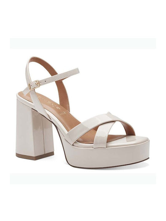 Tamaris Platform Synthetic Leather Women's Sandals Beige with Chunky High Heel