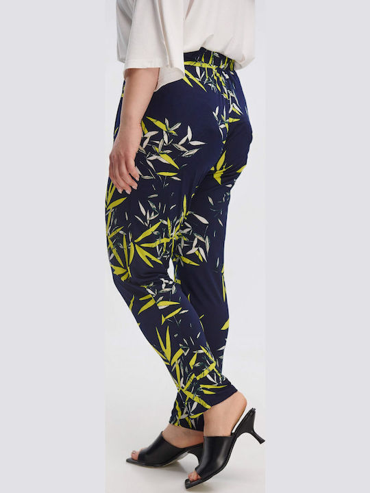 Women's Fabric Trousers with Elastic Tapered Line Floral Floral
