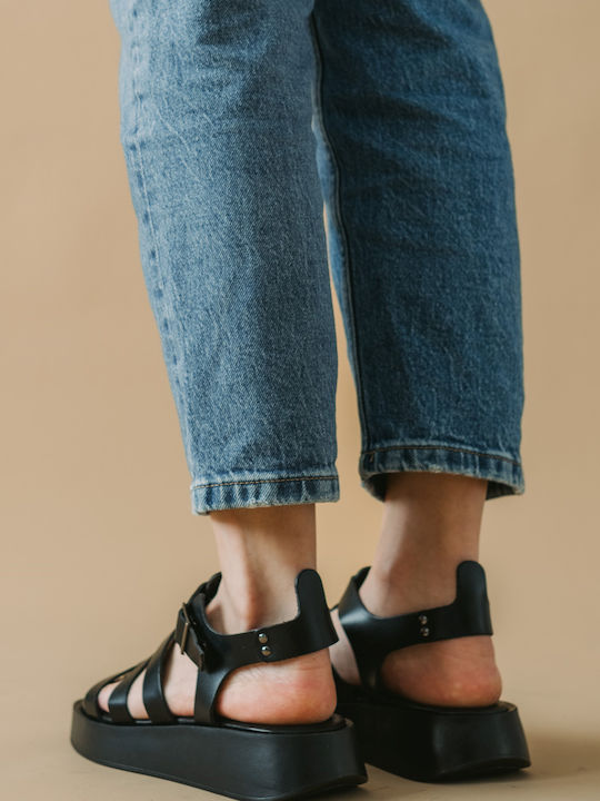 Δερμάτινα Γυναικεία Σανδάλια Gladiator Flatforms Μαύρα