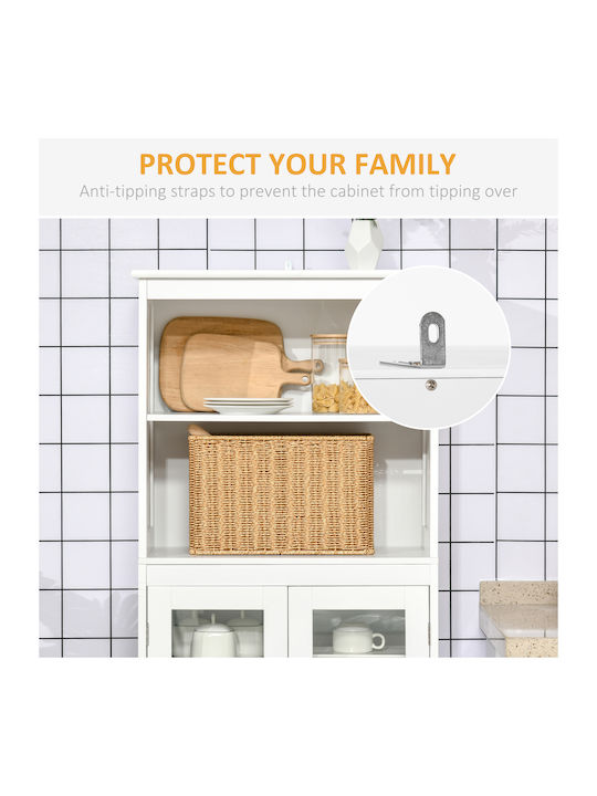 Homcom шкаф с 2 отворени рафта, 2 врати, MDF, стъкло, 60x30x162 см, бял