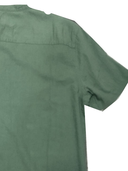 Short-sleeved Linen Shirt in Wide Line Forest Green