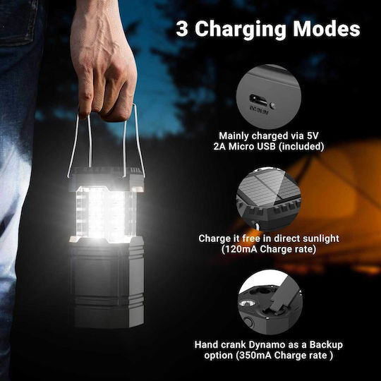 Rocam CL1000 Lantern Led Solar for Camping Waterproof with Flashlight & Powerbank 200lm 2.4W Black