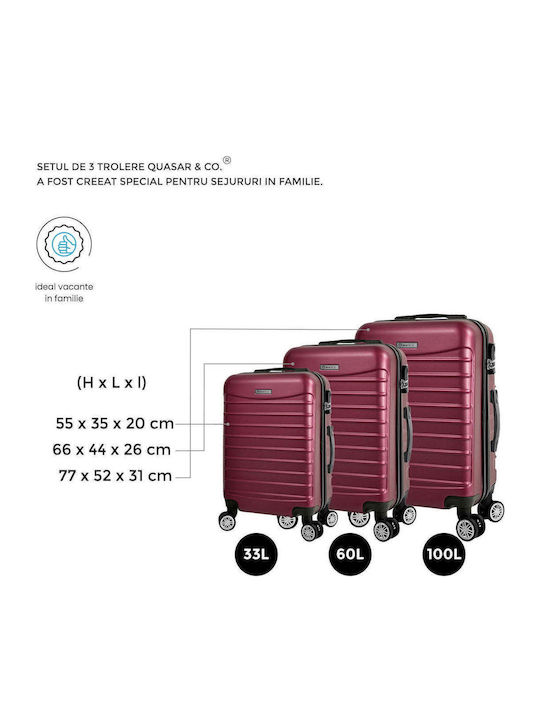 Quasar Model Set of 3 Βαλίτσες Ταξιδιού Σκληρές Burgundy με 4 Ρόδες Σετ 3τμχ