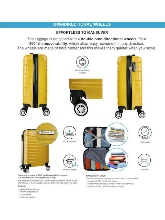 Quasar Model Cabin Travel Suitcase Hard Yellow with 4 Wheels Height 55cm
