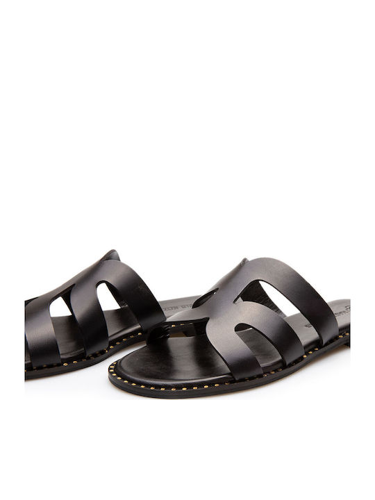 Leather Women's Flat Sandals in Black Color