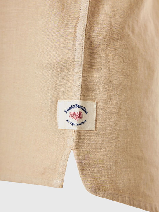 Funky Buddha Short-sleeved Linen Shirt in Wide Line Striped Beige