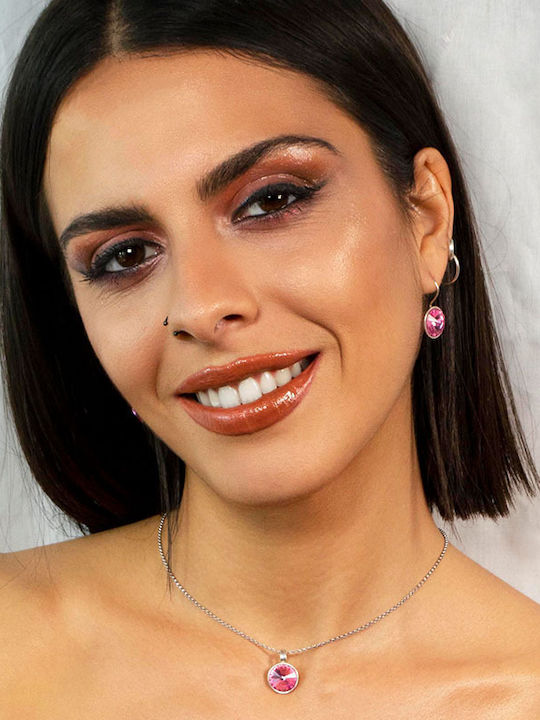 Theodora's Jewellery Σκουλαρίκια Κρεμαστά από Ασήμι Επιχρυσωμένα με Πέτρες Ροζ