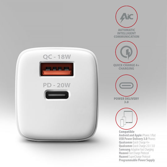 Axagon Charger Without Cable with USB-A Port and USB-C Port 20W Power Delivery / Quick Charge 2.0 / Quick Charge 3.0 / Quick Charge 4+ Whites (ΑCU-ΡQ20W)