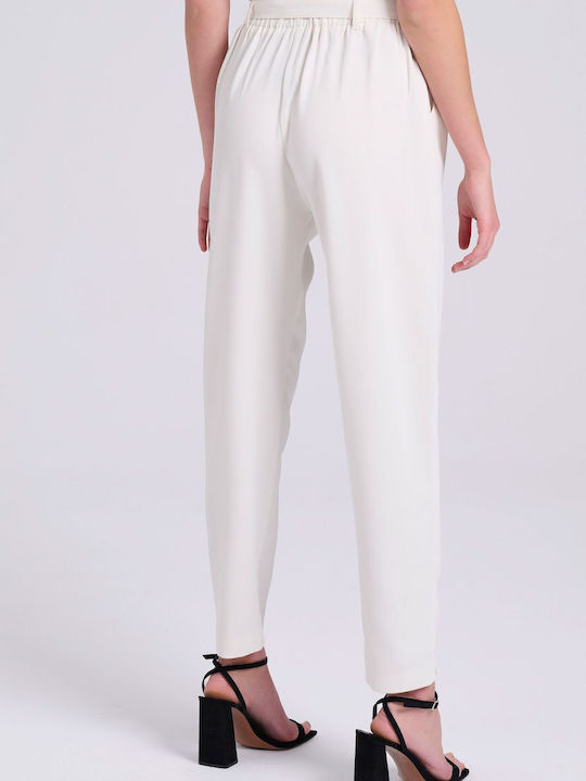Dama Tesatura Pantaloni cu Elastic cu Croială Normală Alb