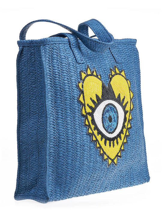 Verde Stroh Strandtasche Blau