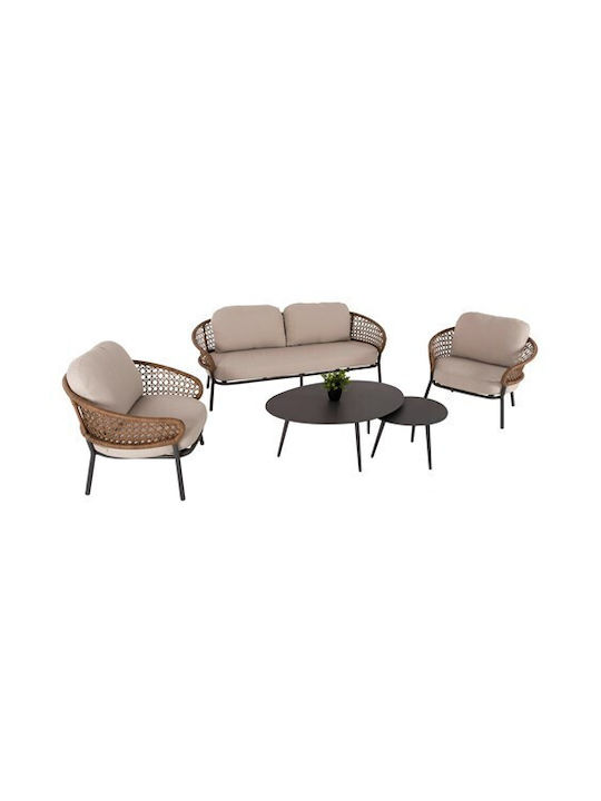 Set Cameră De Zi Pentru Exterior Brey 5 Piese Khaki Cu Perne