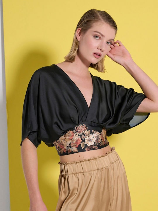 Matis Fashion Γυναικείο Crop Top Σατέν με Κουμπιά Μαύρο