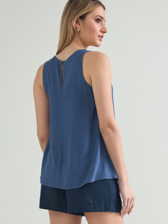 Cento Fashion Damen Bluse Ärmellos Blau