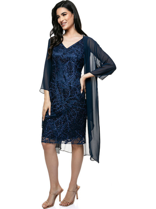 Midi Evening Dress with Mesh Blue