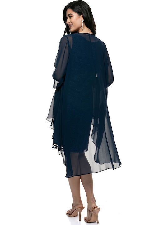 Midi Evening Dress with Mesh Blue