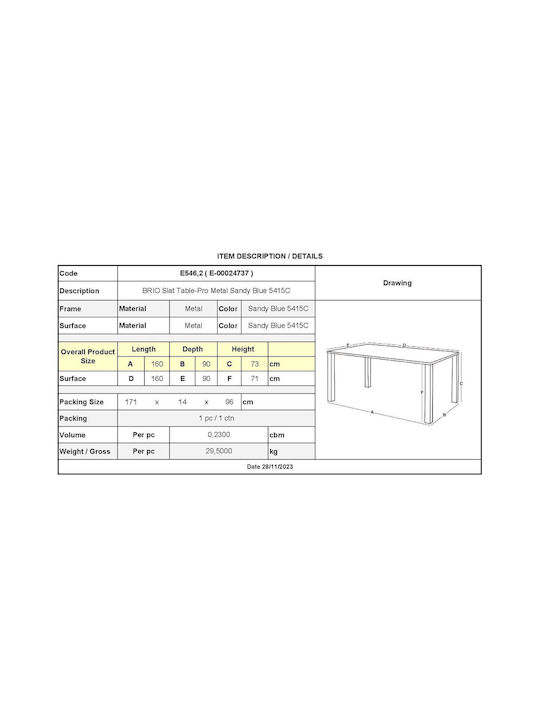 Метално Маса Стабилна Brio Пясъчно синьо 160x90x73бр