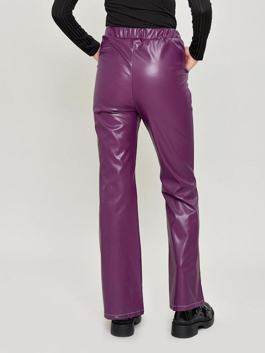 Doca Women's High-waisted Leather Trousers Flare with Elastic Purple