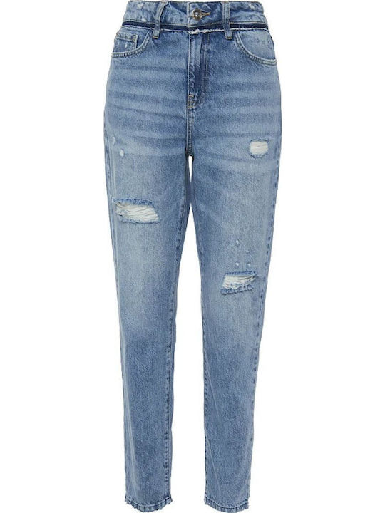 Hoch tailliert Damenjeans mit Rissen in Mom-Passform
